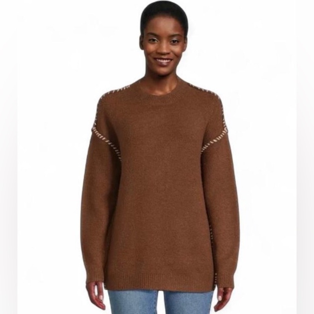 NWT RD Style Women's Whipstitch Mock Neck Pullover Sweater Size M Brown